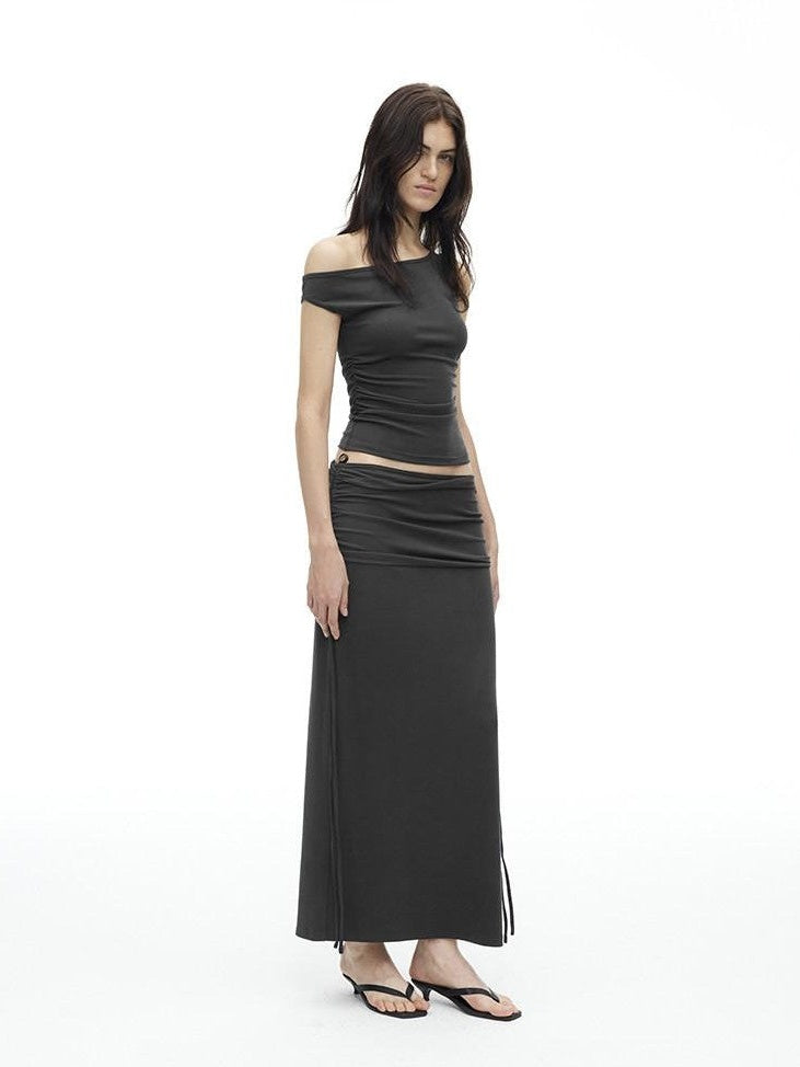 AFTADAWN Grey One Shoulder Ruched Slit Midi Slim Fit Women&
