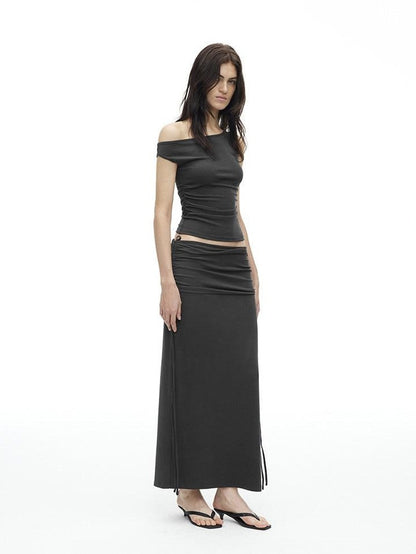 AFTADAWN Grey One Shoulder Ruched Slit Midi Slim Fit Women&