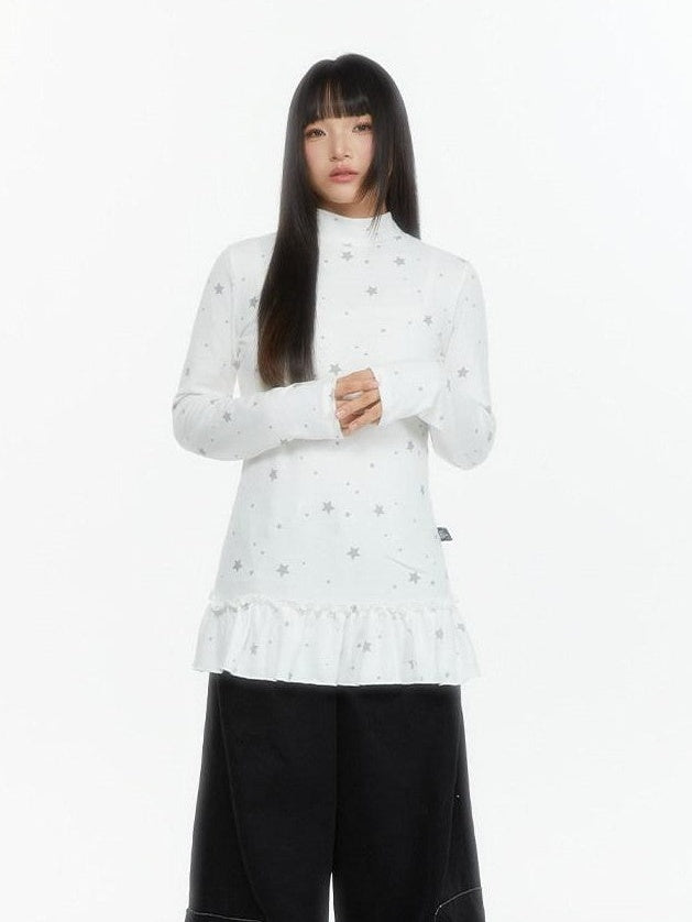 atrandom Star Print Lace Trim High Neck Knit Women&