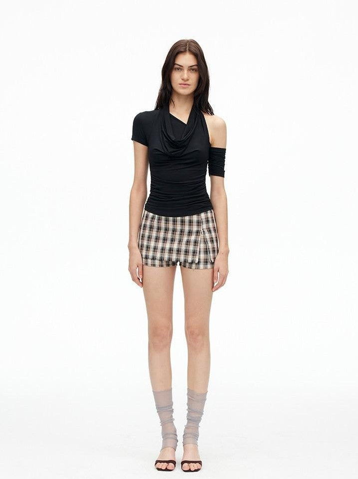 AFTADAWN Solid Ruched Halter Slanted Shoulder Women&