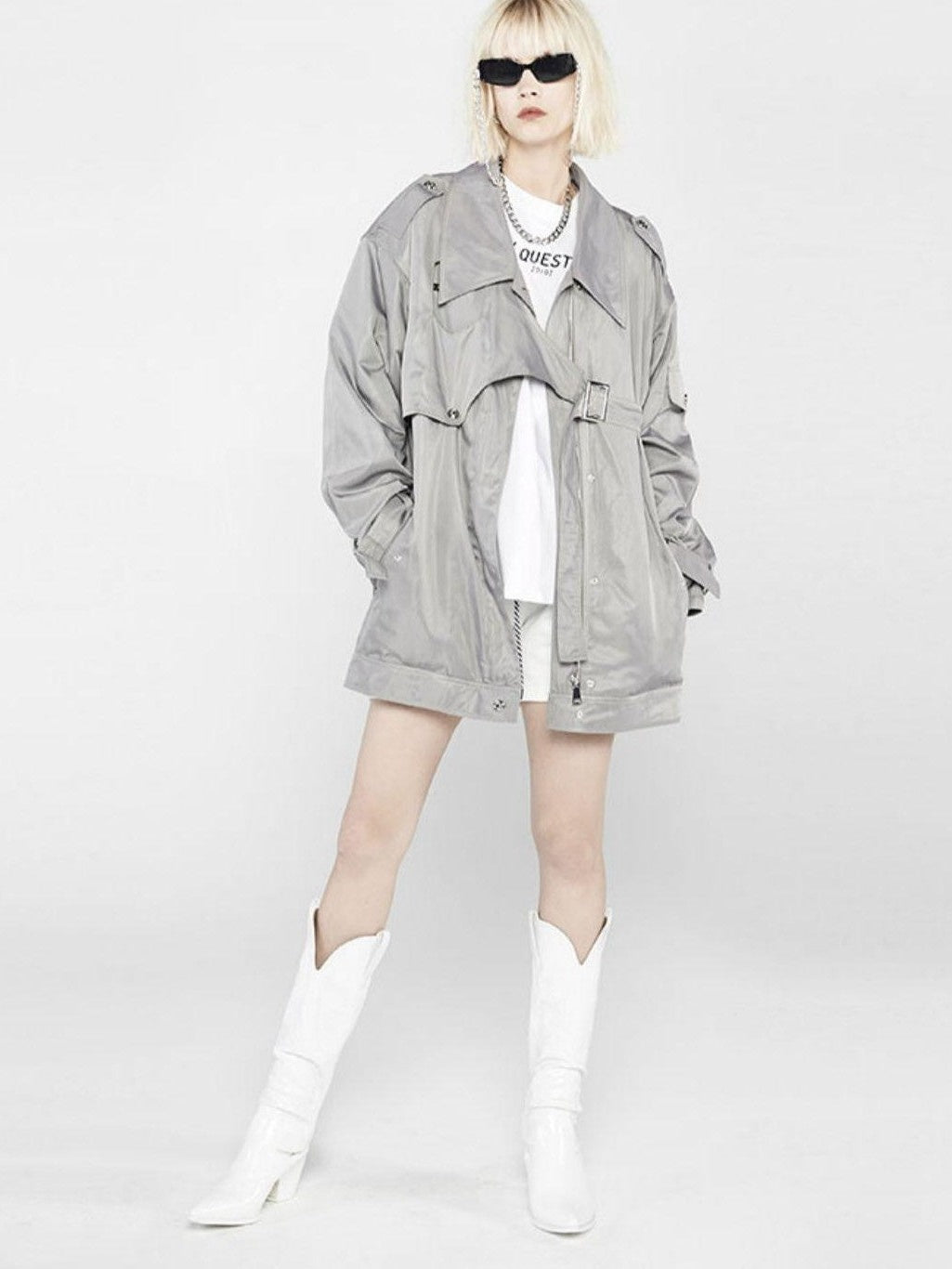 ANYQUESTION Gray Deconstructed Utility Patchwork Midlength Street Women&