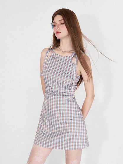 AFTADAWN Grapevine Plaid Halter Tie Ruched Women&
