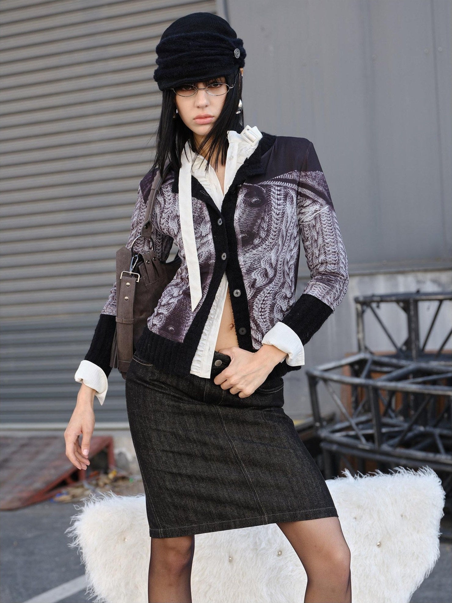 2th Desire Wool Blend Punk Style Contrast Color Women Open Front Long Sleeve Knit Cardigans
