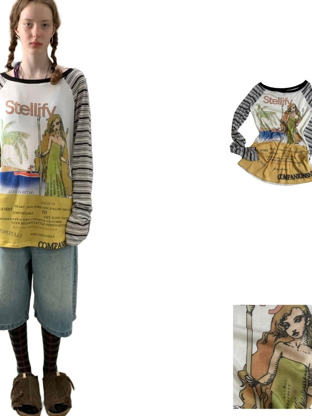 Achihara Tarot Print One Shoulder Striped Splice Women&