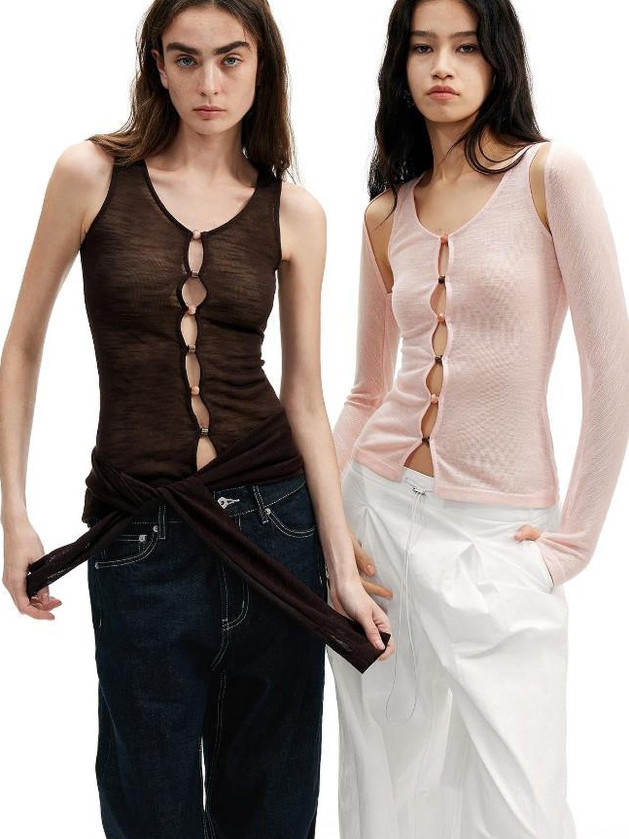 AFTADAWN Brown Pink Openwork Beaded Placket Women&