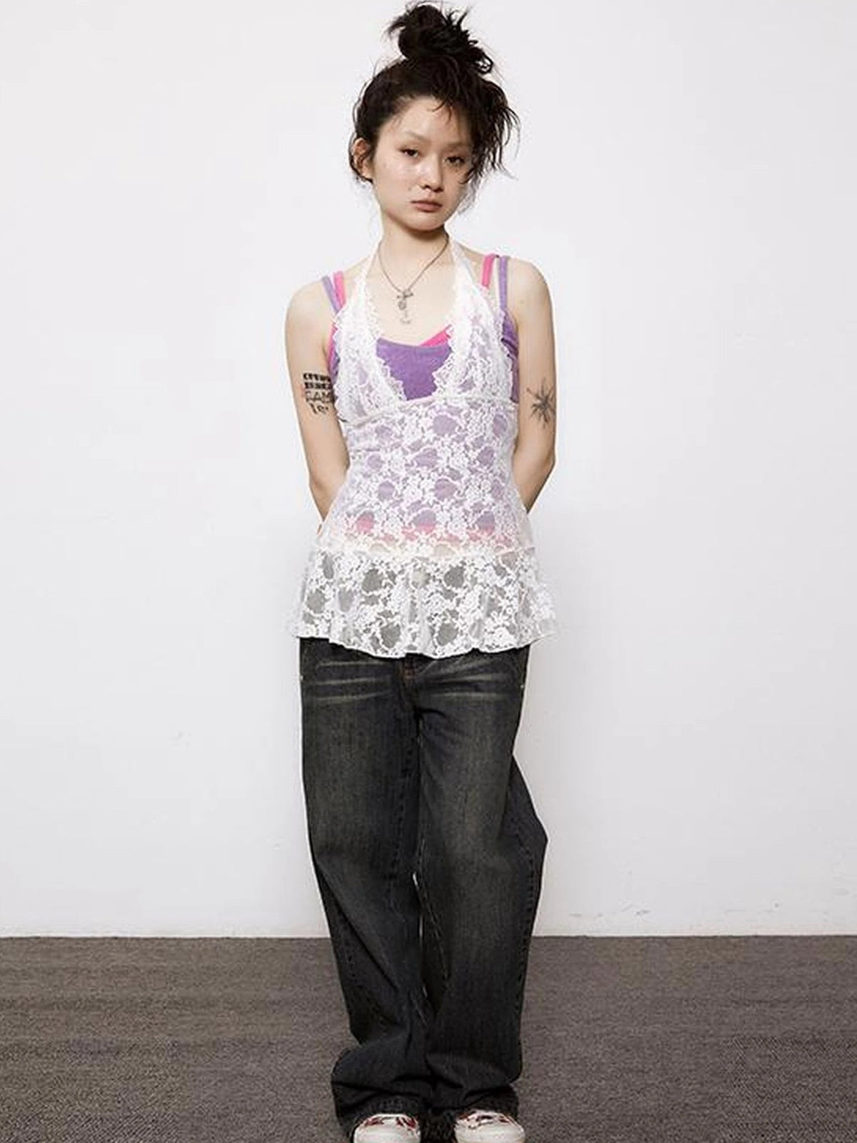 Achihara Adjustable Bow Halter Top With Wave Hem