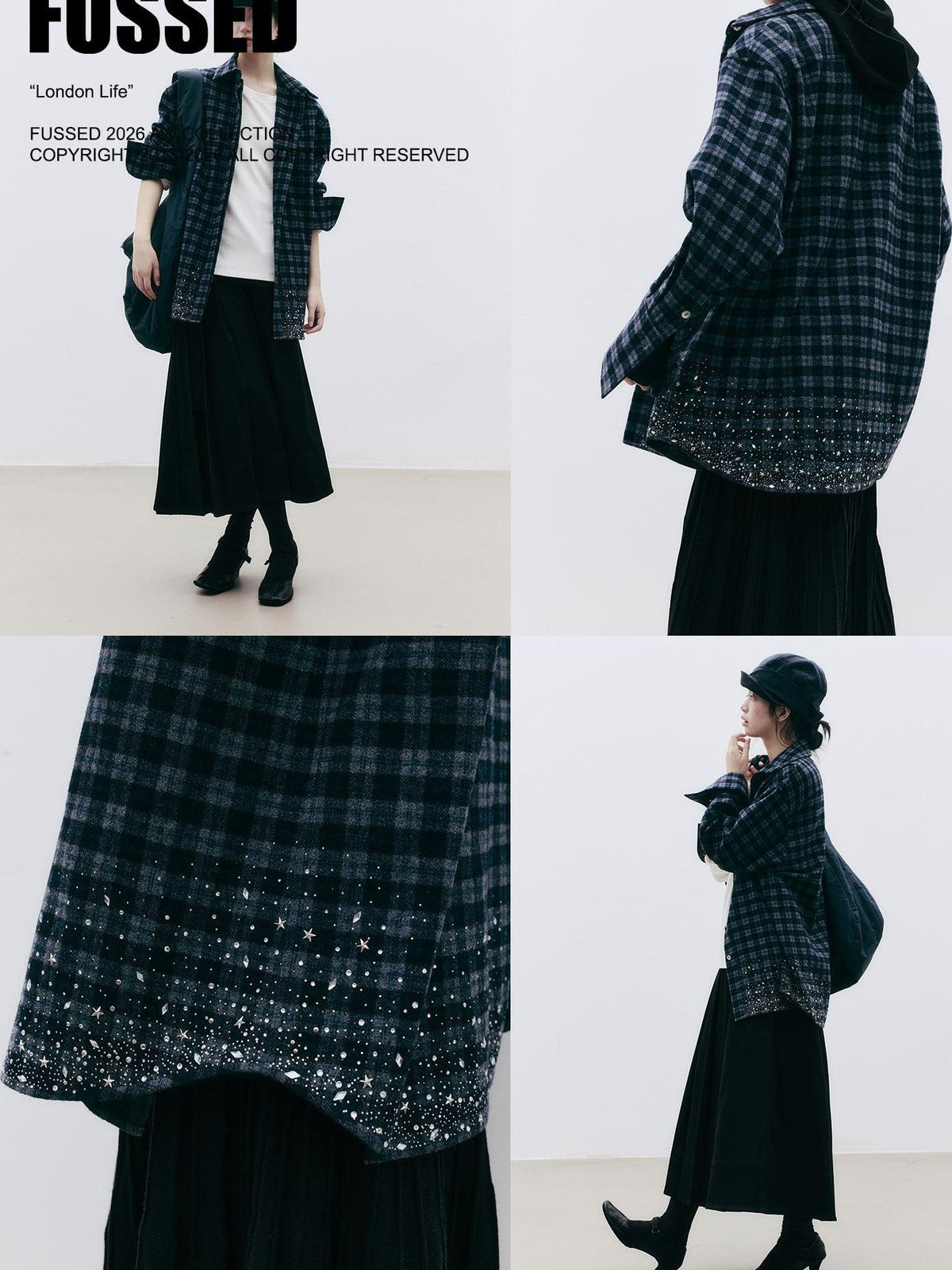 FUSSED Diamond Embroidered Plaid Knit Women&