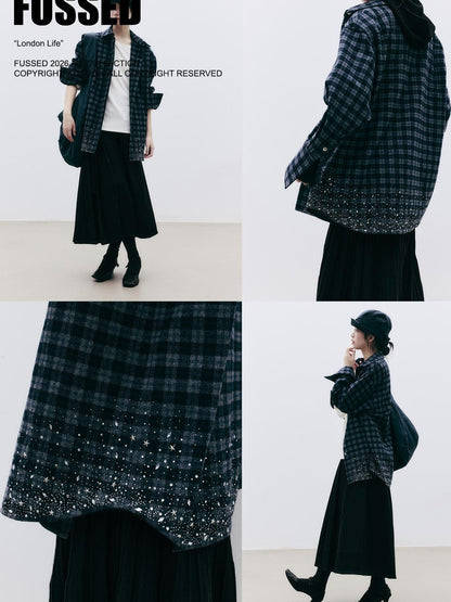 FUSSED Diamond Embroidered Plaid Knit Women&