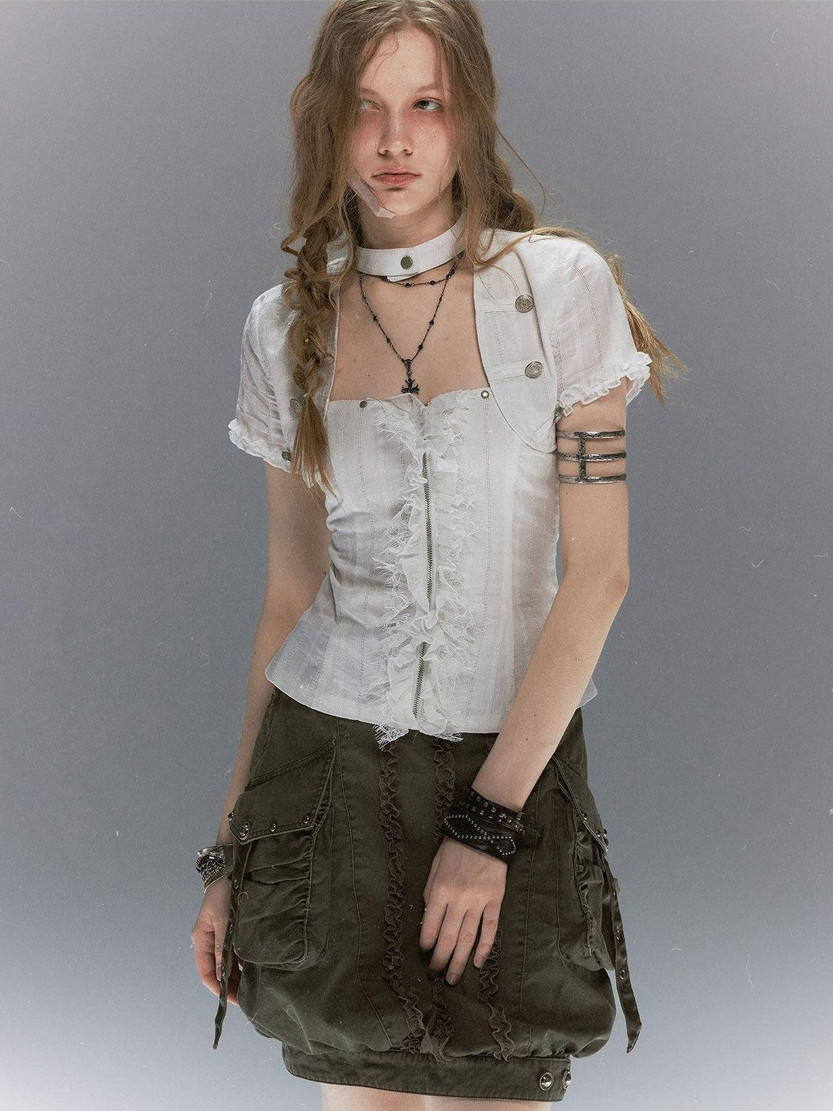 Cest Nous Textured Ruffle Lace Spliced Punk Fitted Women&