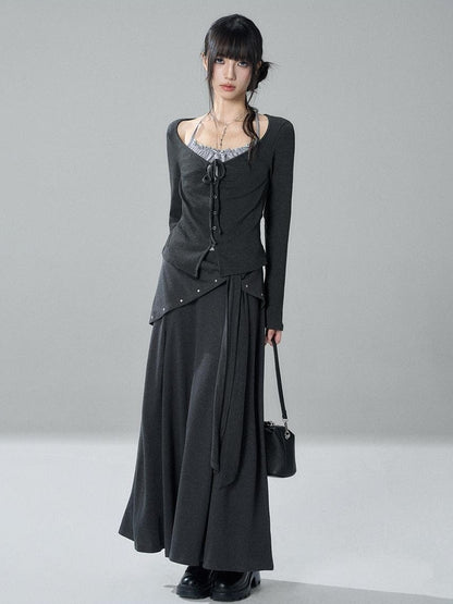 LADYGHOST Korean Style Faux Two Piece Ruched Lace Trim Halter Women&