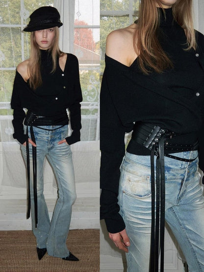 1JINN STUDIO Relaxed Faux Two Piece Spliced Mock Neck Vest Women&