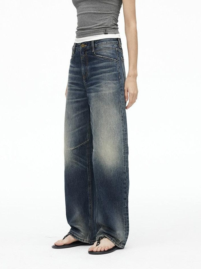AFTADAWN Deep Blue Washed Low Waist Loose Straight Curved Leg Women&