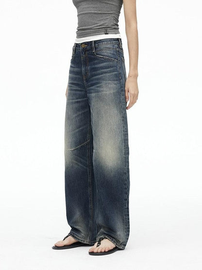 AFTADAWN Deep Blue Washed Low Waist Loose Straight Curved Leg Women&