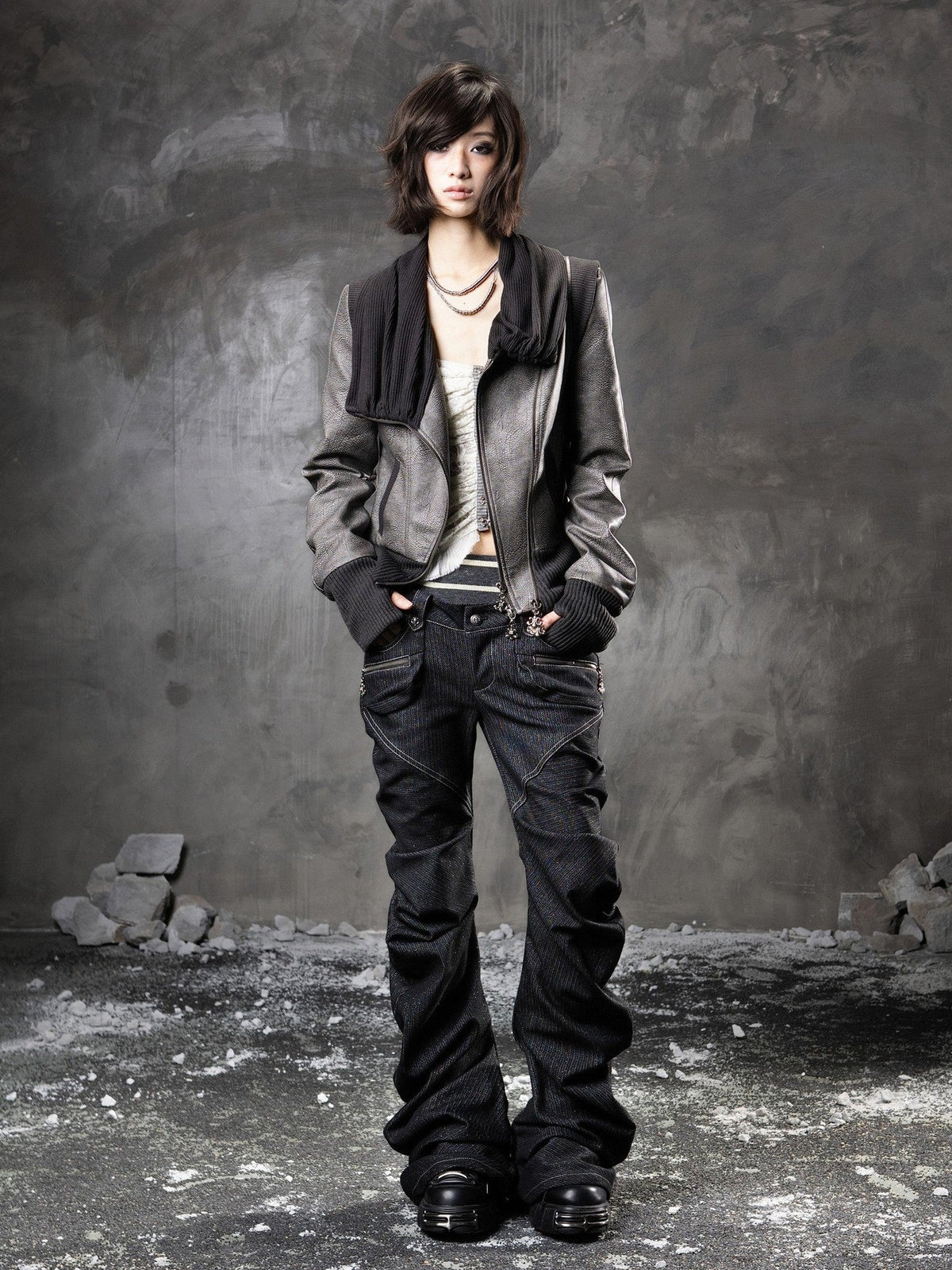 ARIADNAw Black Denim Punk Double Waistband Curved Stacked Texture Women&