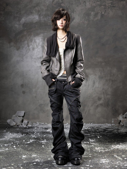 ARIADNAw Black Denim Punk Double Waistband Curved Stacked Texture Women&