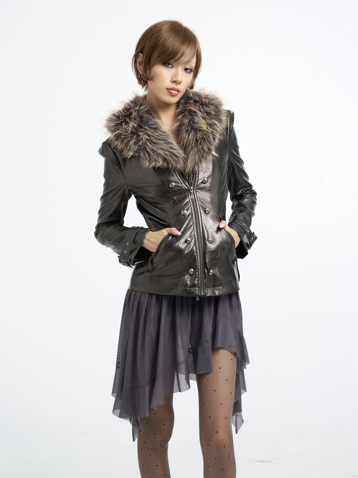 Flowers birds Market Detachable Fur Collar Double Zip Print Pu Women&