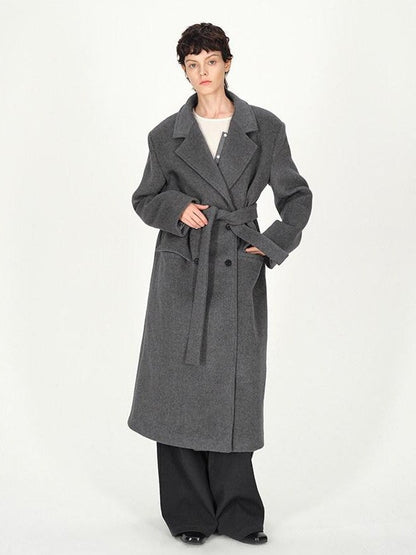 AFTADAWN Gray Double Breasted Half Collar Pocket Long Women&