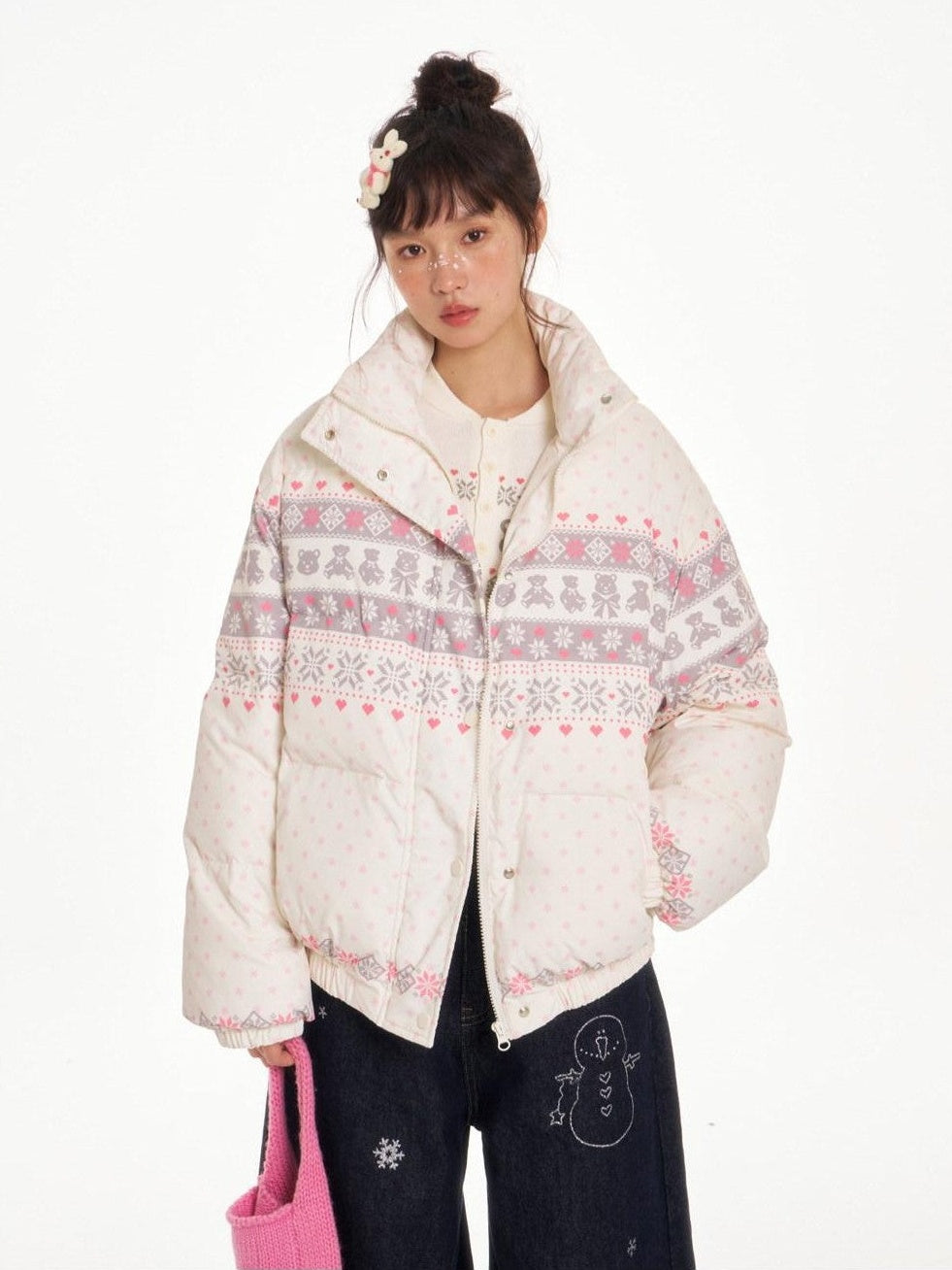 BETWEENAND Fair Isle Print Stand Collar Women&