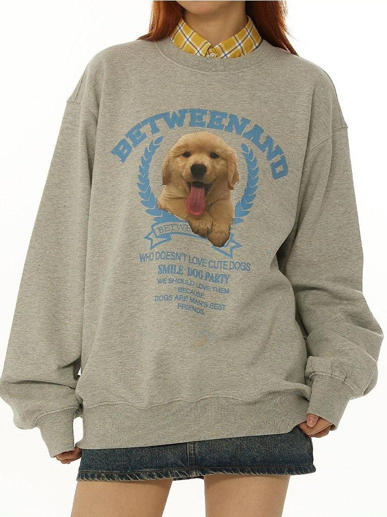 BETWEENAND Gray Tongue Out Puppy Motif Loose Fit Women&