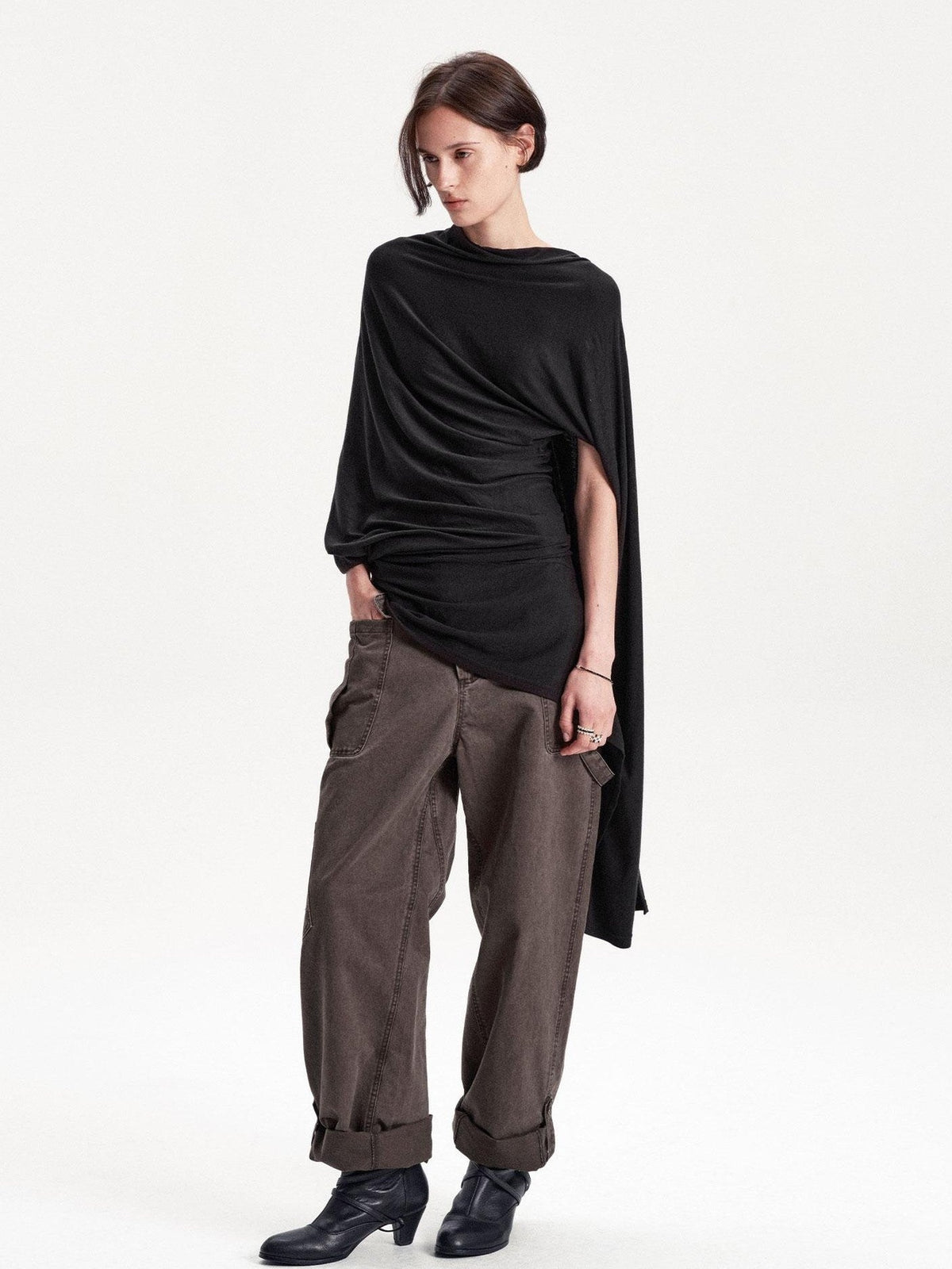 LYUOCHENG Asymmetric Deconstructed Pleated Lyocell Wool Women&