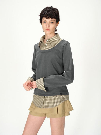 AFTADAWN Grey Plaid Spliced Faux Two Piece Polo Women&