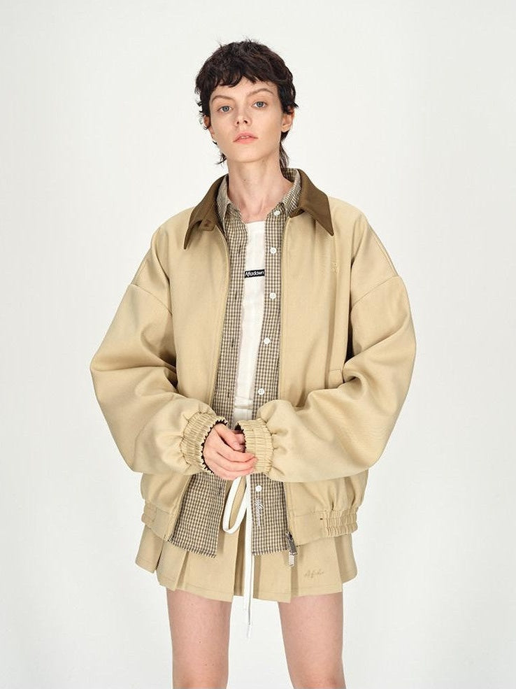 AFTADAWN Contrast Leather Collar Embroidered Reversible Plaid Women&