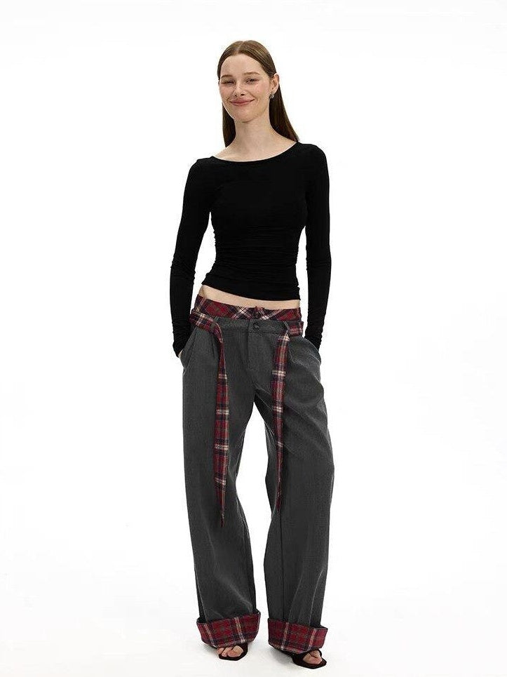 AFTADAWN Gray Plaid Waist Panel Faux Two Piece Women&
