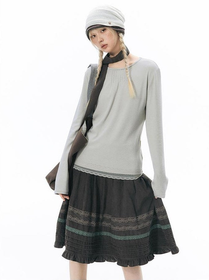 NAPSNAPS Lace Trim Splice Knit Round Neck Women&