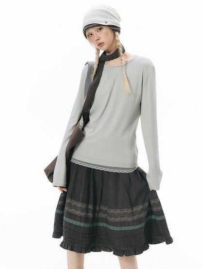 NAPSNAPS Lace Trim Splice Knit Round Neck Women&