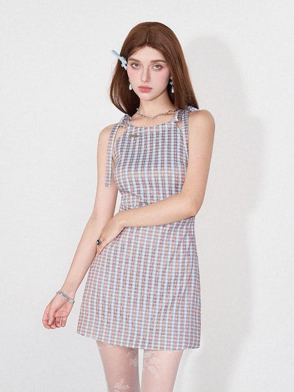 AFTADAWN Grapevine Plaid Halter Tie Ruched Women&