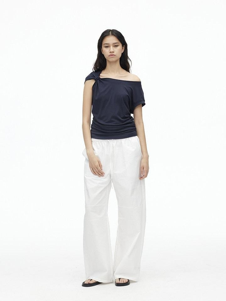 AFTADAWN Dark Blue Knotted Slanted Shoulder Slim Fit Women&