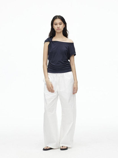 AFTADAWN Dark Blue Knotted Slanted Shoulder Slim Fit Women&