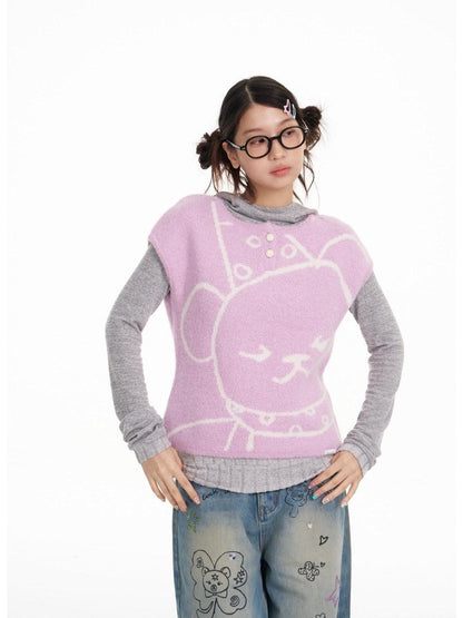 BETWEENAND Lilac Bear Print Layered Cap Women&