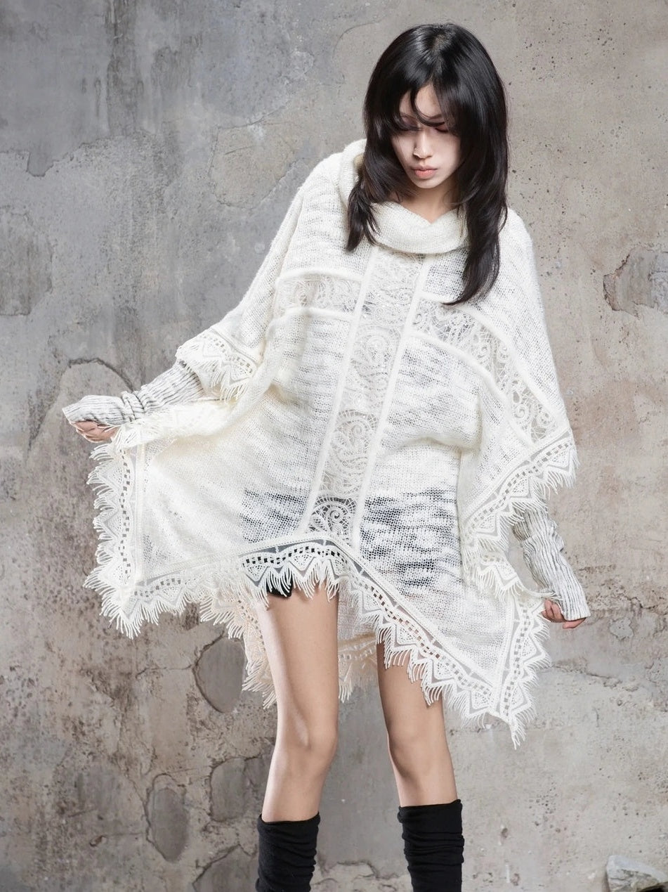ARIADNAw Vintage Punk Cross Cape With Fringe Cardigan