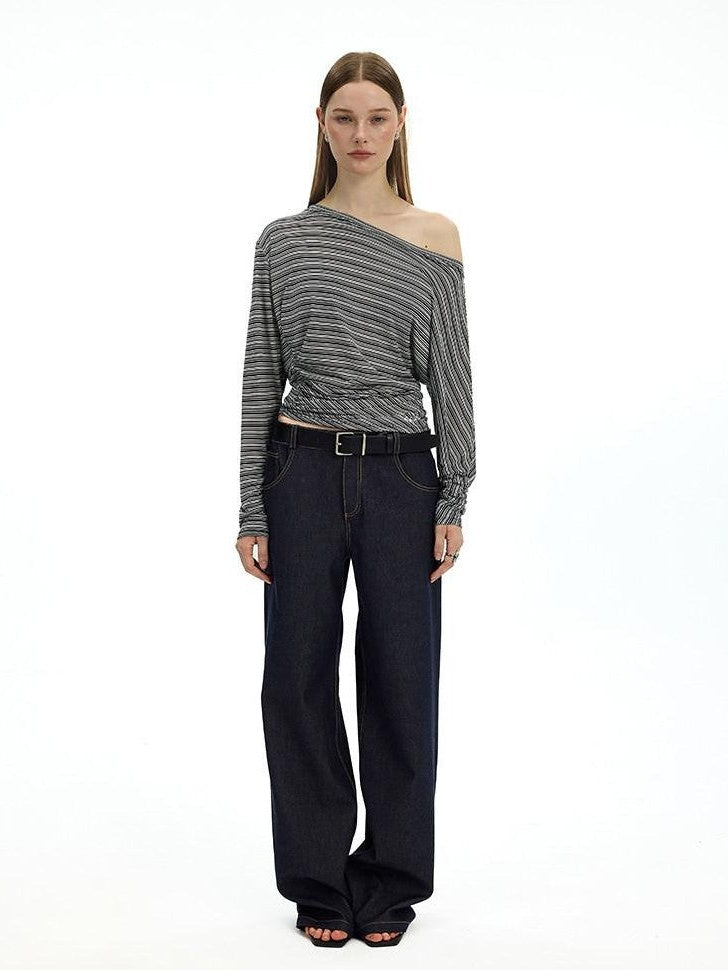 AFTADAWN Striped Asymmetrical One Shoulder Ruched Women&