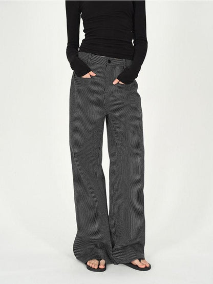 AFTADAWN Black White Vertical Stripe Pocket Low Waist Women&