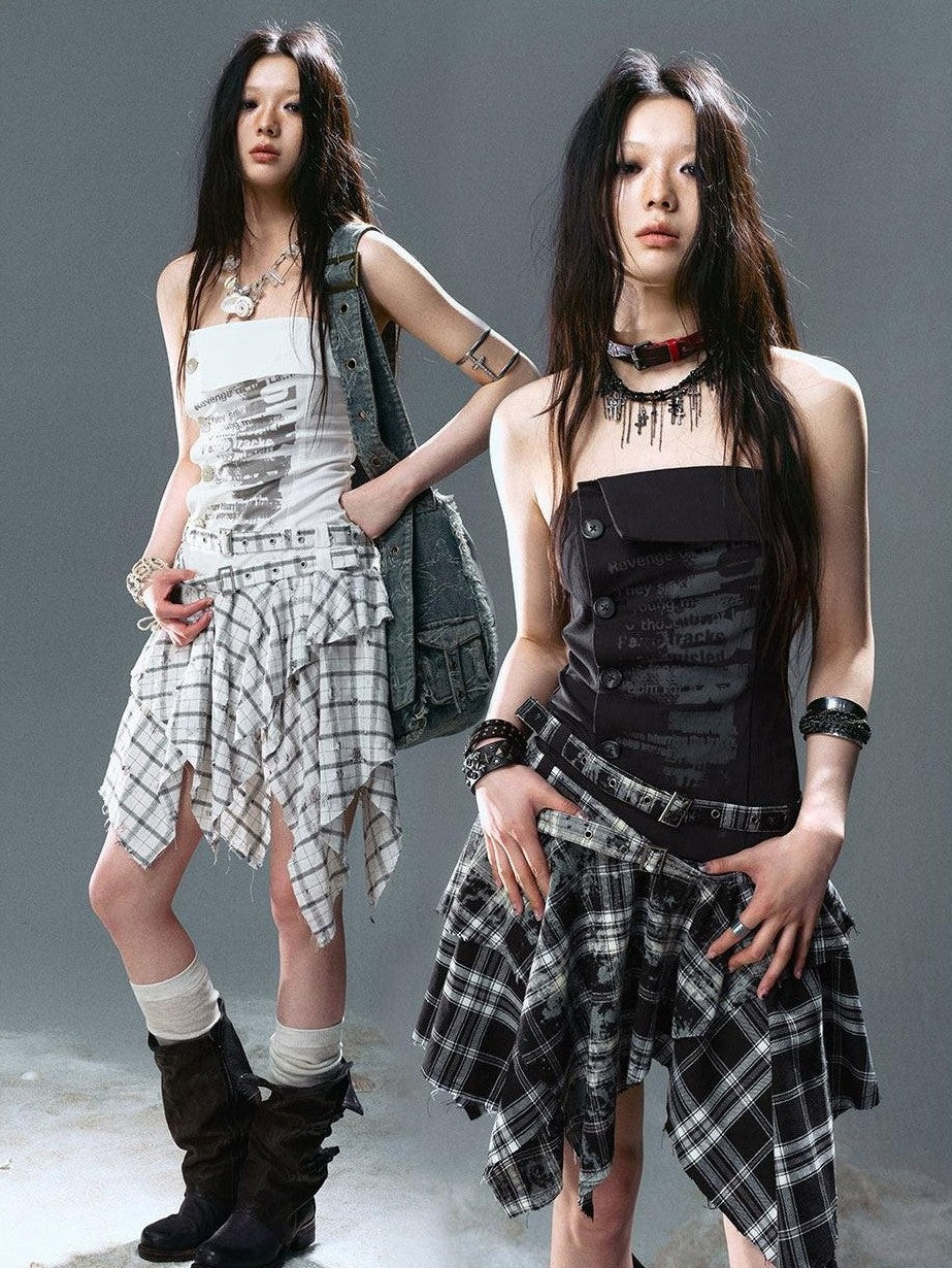 Cest Nous Graffiti Print Ruched Irregular Plaid Women&