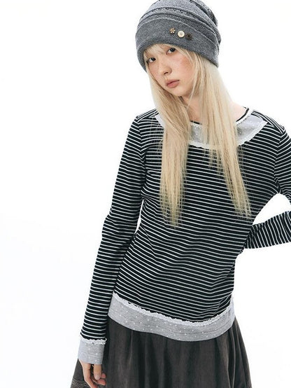 NAPSNAPS Lace Trim Striped Mock Layer Round Neck Knit Women&