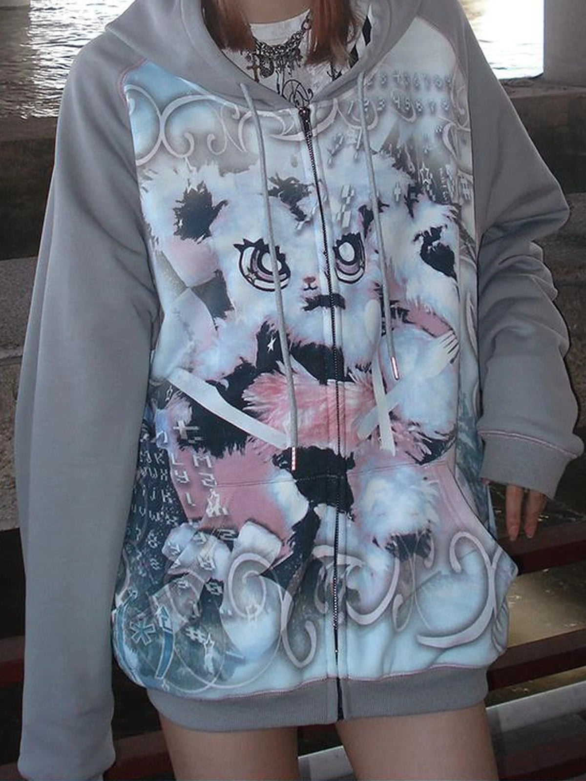 CFIERCE Cute Rabbit Print Loose Hooded Sweatshirt