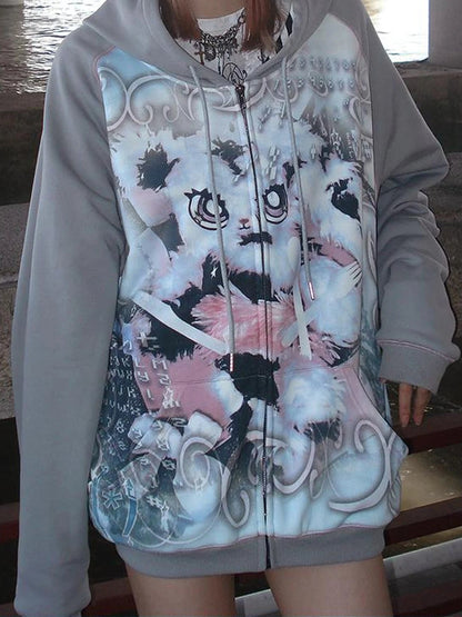 CFIERCE Cute Rabbit Print Loose Hooded Sweatshirt