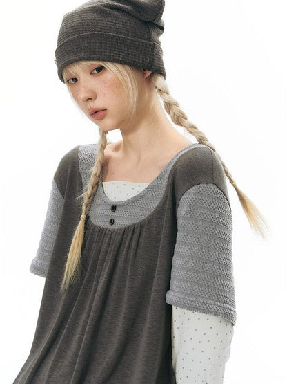 NAPSNAPS Vintage Spliced Faux Layered Round Neck Women&