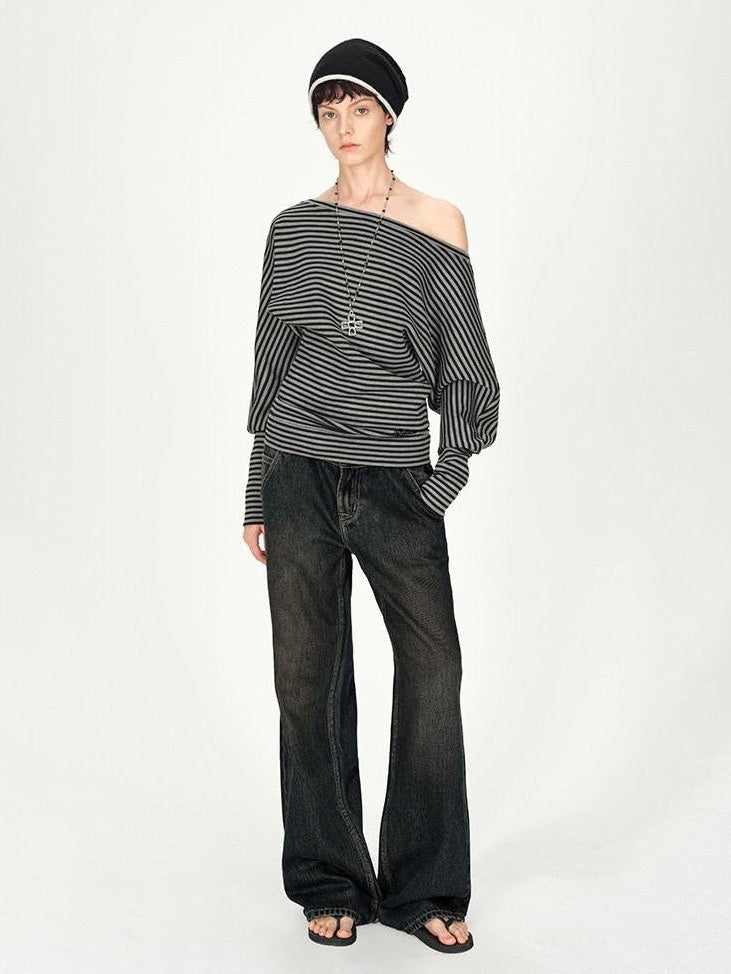 AFTADAWN Ruched Asymmetric Shoulder Striped Embroidered Women&