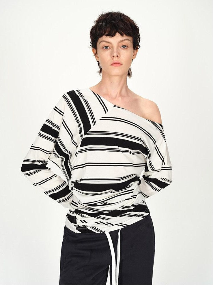 AFTADAWN Striped Asymmetric Off Shoulder Women&
