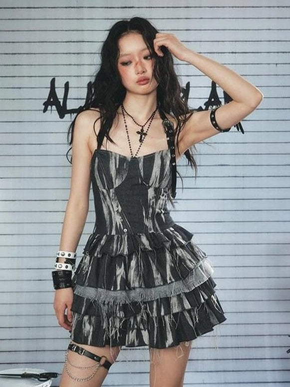 ALL iN plan Vintage Tie Dye Raw Edge Halter Mini Dress