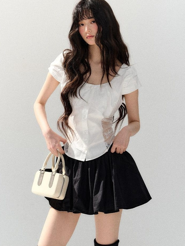 7Shiftin Puff Sleeve Two Piece Office Chic Women Crop T Shirt Basic Crop Tops