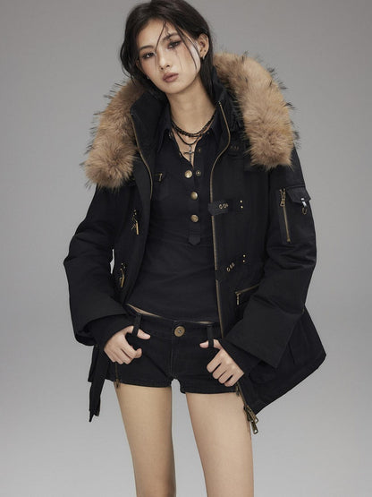 Low pixel Warm Cotton Utility Cinched Waist Multi Pocket Hooded Women Black Puffer Jackets