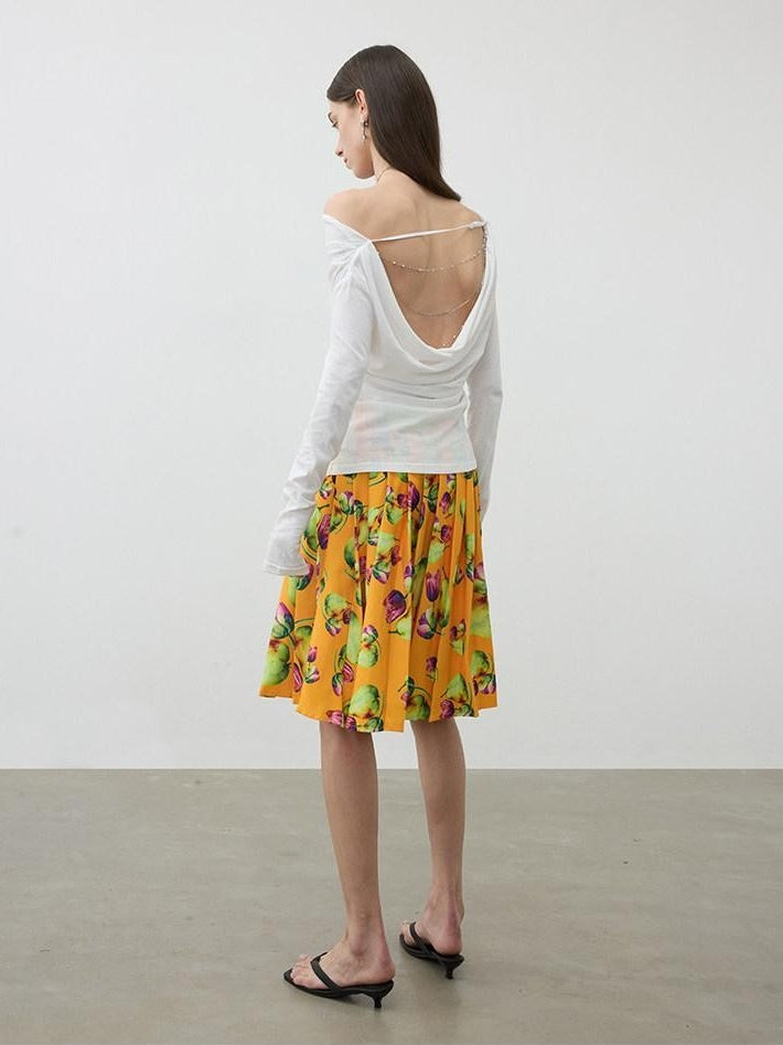 AFTADAWN Tropical Orange Printed Pleated A Line High Waist Women&