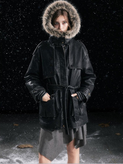 Cest Nous Fur Collar Hooded Utility Distressed Women&