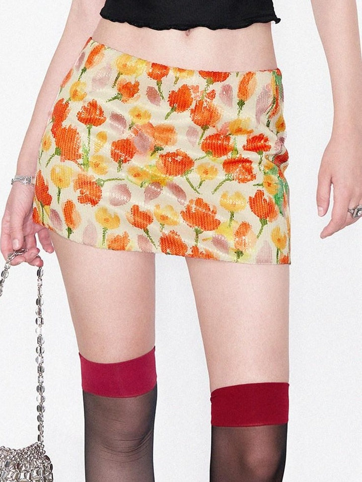AFTADAWN Yellow Sequin Floral Print Low Waist A Line Women&