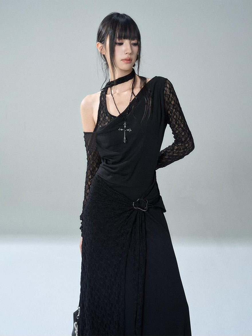 LADYGHOST Black Lace One Shoulder Long Sleeve Women&